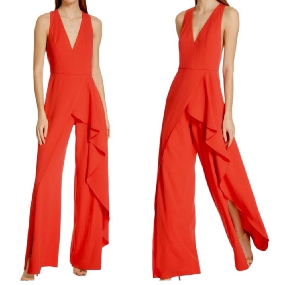 EUC ALICE+OLIVIA ASYMMETRIC RUFFLE JUMPSUIT - RED IN BRIGHT POPPY, 8